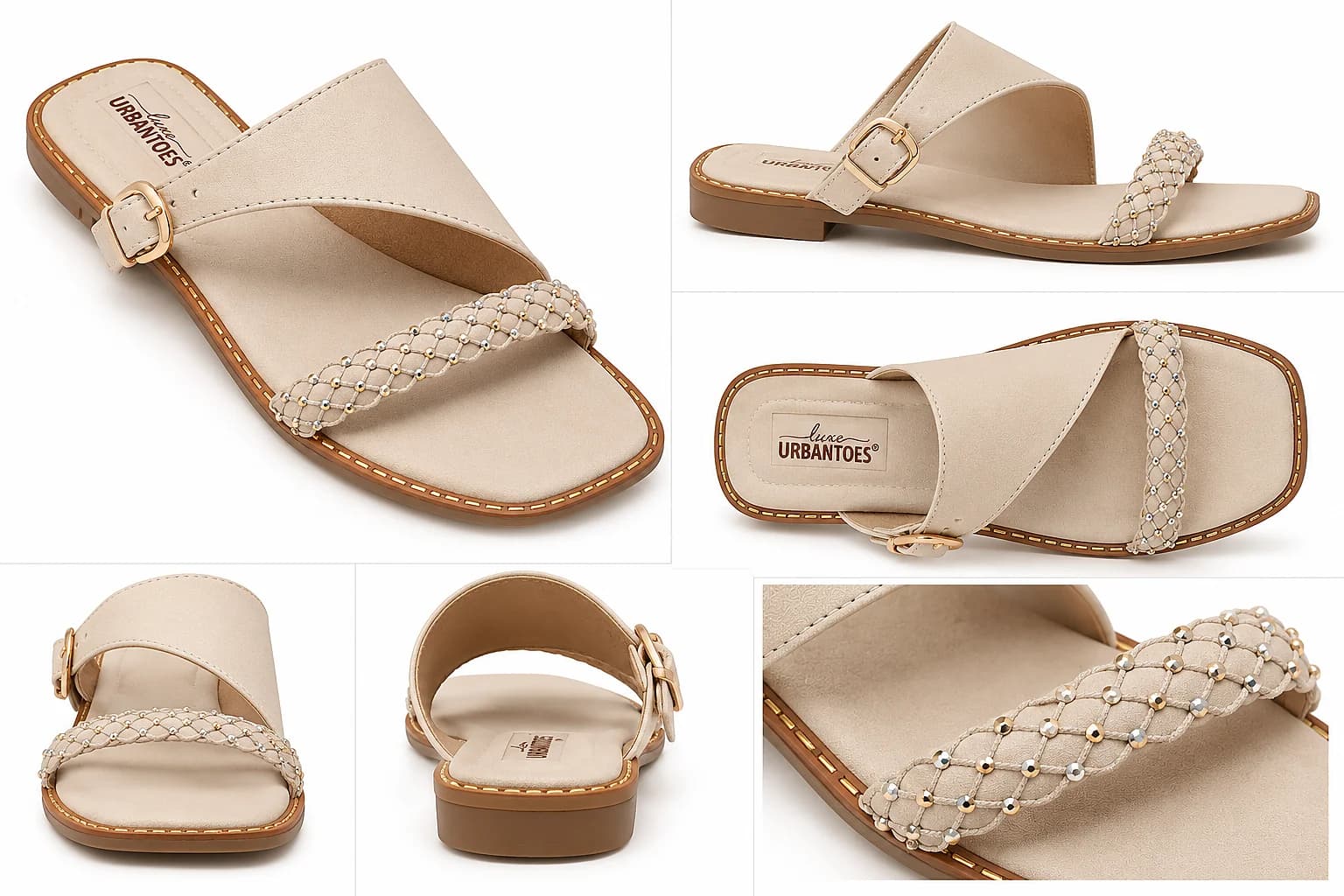 Cream Flat Sandals for Women with Braided Beaded Strap & Buckle